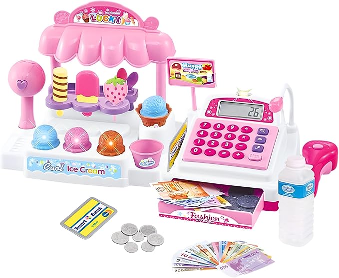 Ice Cream Store Mini Cash Register with Pretend Play Desserts, Working Scanner, Calculator, Microphone, Money and Credit Card