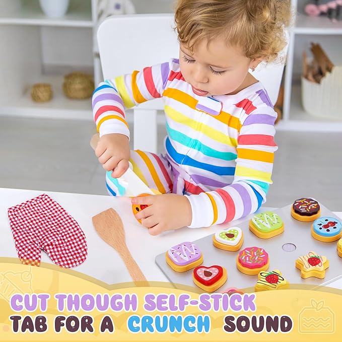 Slice and Bake Wooden Cookie Play Food Set for Kids Kitchen - Toy Food Accessories - Kids Pretend Cookies and Baking Sheet, Toy Baking Set for 3+ Year Old Boys Girls Birthday Gifts