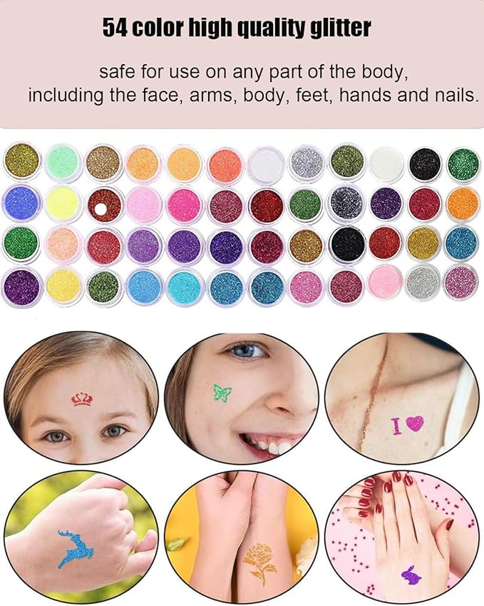 Temporary Glitter Tattoos Kit for Kids 48 Colors 6 Fluorescent 207 Stencils 2 Diamond Stickers 3 Glue 5 Brushes Arts Make Up Kit Party Christmas Halloween