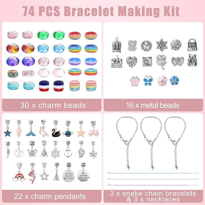Emibele Girls Charm Beads Bracelet Making Kit with Portable Jewelry Box, Jewelry Making Kit for Kids Age 5 6 7 8-12, DIY Arts Crafts Toys for Teens Girls Gift Choices on Birthday Valentines Christmas