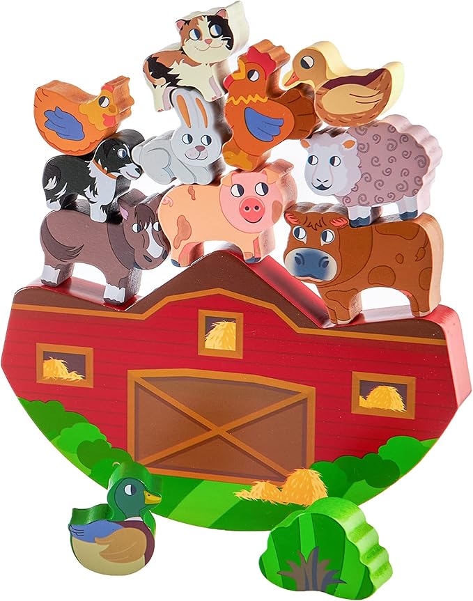 Imagination Generation Wooden Wonders Balancing Playset | Develops Dexterity, Motor Skills, Sharing Skills | Safe Wood & Paint | 13 PC Barnyard Playset