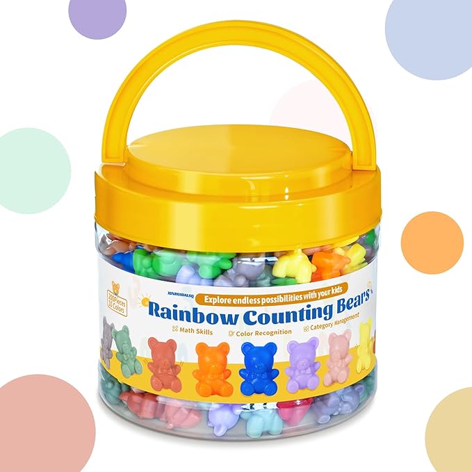 XINHUIDALSQ Rainbow Counting Bears Set of 200, 10 Colors Sorting Teddy Plastic Bears Math Manipulatives for Toddlers, 1 Inch Bear Conters Ages 3+ Kids