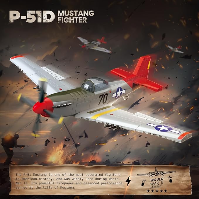 WW2 Military Fighter Jet Airplane P-51 Mustang Air Force Building Blocks Set(580Pcs) Compatible with Lego,Aircraft Toys Building and Military Gifts for Kid and Adult Boys Gift Aged 6+