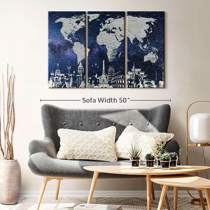 ElephantStock Starry World Map Multi Piece Canvas - 3 Panel Wall Decor - Map of the World Art - Canvas for the Office and Home - 45" X 28"