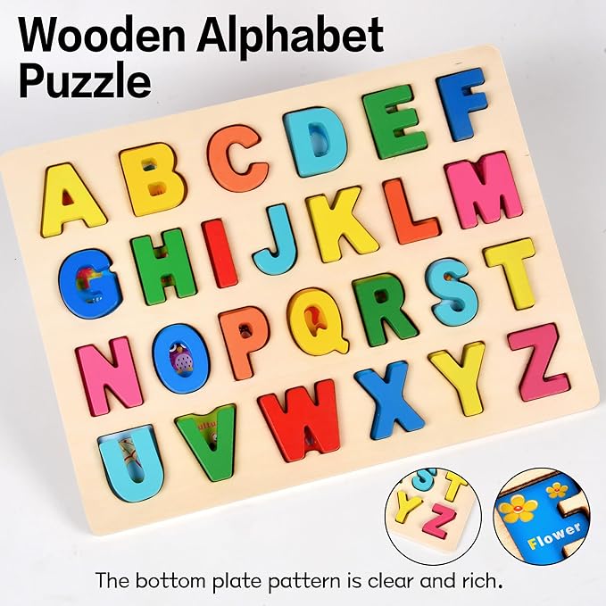 Alphabet Puzzle Wooden ABC Puzzle for Toddlers 3 4 5 Year Old Puzzles Learning Toys, Letter Block Floor Puzzles Toy Kids Ages, Preschool Educational Board Game for Boys and Girls Gifts Toddler