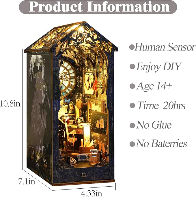 ISSEVE DIY Book Nook Kit, 3D Wooden Puzzle DIY Miniature House Kit for Booknook Shelf Insert Decoration, Magic Book House Stand Bookshelf Dollhouse for Adults with Sensor Light (Detective Agency)