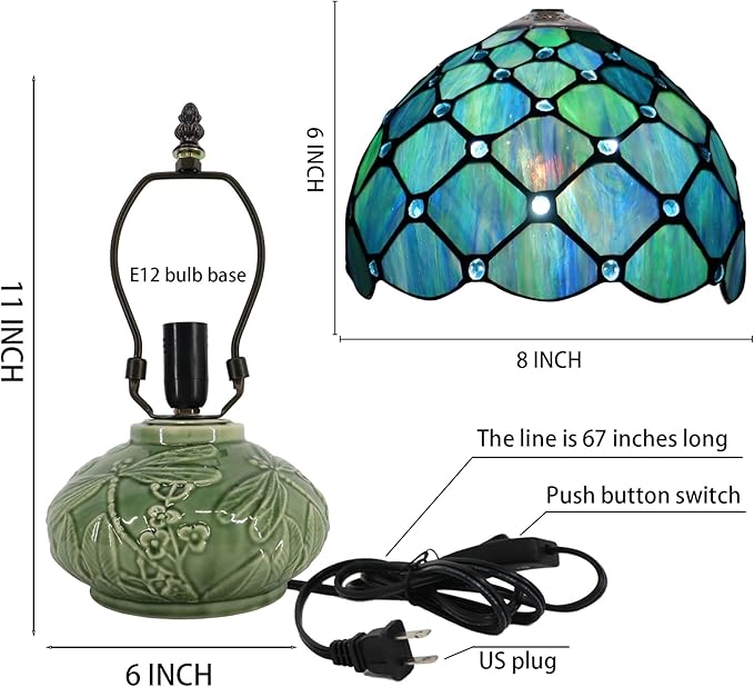 Small Tiffany Lamp Mushroom Table Lamp, Mini Stained Glass Desk Light Memory Sympathy Ceramic lamp 8X11 Inch (Sea Blue Pearl Style)