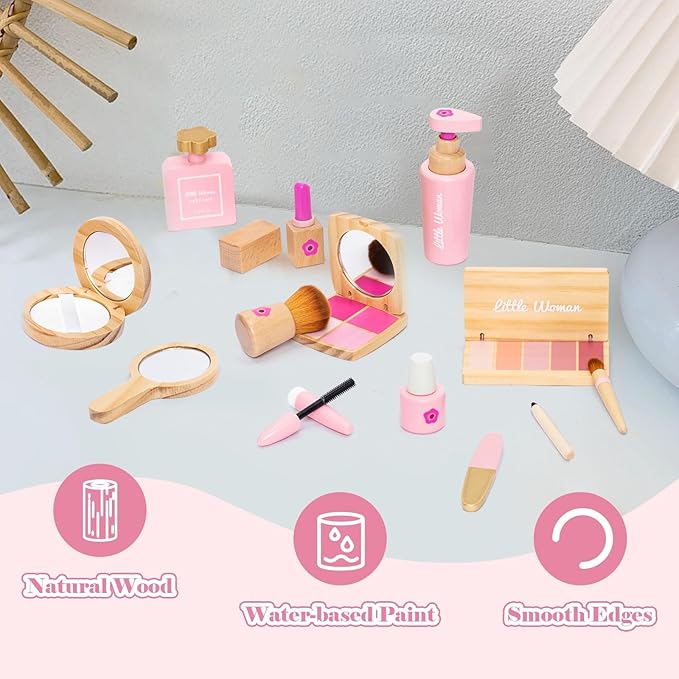 Wooden Makeup Toy Set, Pretend Play Makeup Kit for Toddlers Realistic Beauty Salon Set for Girls with Eyeshadow Lipstick Perfume Brush and Cosmetic Bag Birthday Gifts for Girls Toys Kids Aged 3 4 5 6