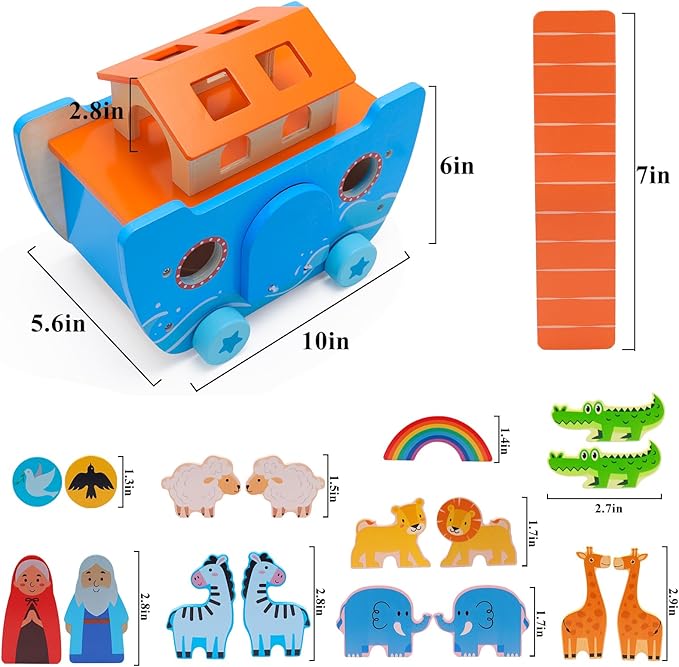 Wooden Noah's Ark Toy Baptism Gifts for 1 2 3 4 Years Old Baby Boy and Girl Montessori Educational Toy for Toddlers with Bible Story Animal Shape Sorter