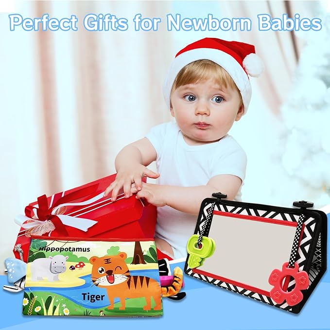 Tummy Time Mirror Newborn Toys: Black and White Infant Tummy Time Toys 0-3 0-6 6-12 Months Babies High Contrast Baby Toy with Baby Book & Teethers Montessori Sensory Floor Toy for Boy Girl Baby Gifts