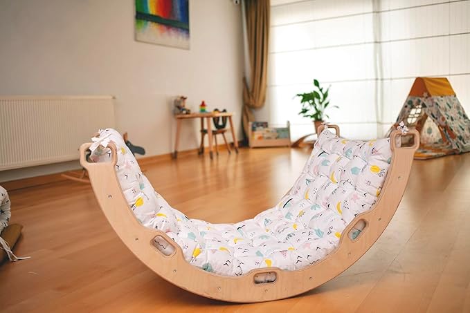 Climbing Arch | Montessori Rocker Arch | Arch with Cosy Pillow | Wooden Climbing Arch with Cushion | Wooden Climbing Arch and Rocker | Indoor Playground Cosy Cushion Rocker (Flamingo)