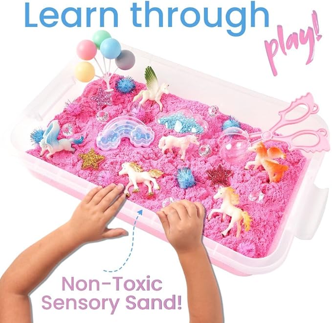Premium 38 PCS Unicorn Sensory Sand Bin-2 lb Magic Sand, Sensory Bin for Toddlers & Sand Scooper-Count Sparkly Pom-Poms, Bring Unicorns to Life - Ideal Gift for Kids