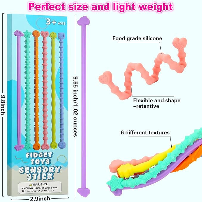 Fidget Toys for Adults Kids, 6 Pcs Sensory Toys for Autism ADHD Flexible Fidget Sticks Stocking Stuffers for Teens Treasure Box Classroom Prizes Party Favors Gifts Calm Down Travel Toys
