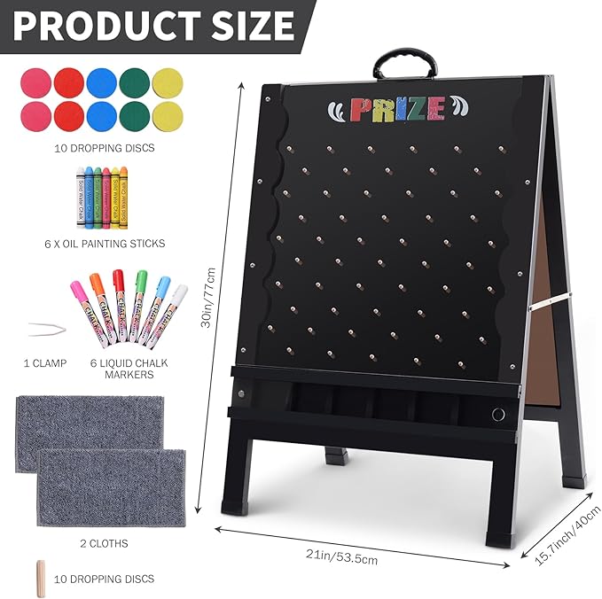 Prize Drop Game Board, 21"x30" Foldable Double-Sided Design with Wooden A-Frame Chalkboard Sign for Carnival, Trade Show, and Party - Includes Coin Drop Discs and Chalk Set, Upgraded Handle Design