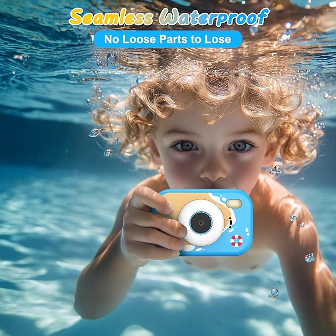 Kids Camera Waterproof IP68, 1080P HD Underwater Camera for Kids Ages 3-12 with Toy-Grade ABS Plastic, Kids Digital Camera for Children Outdoor Swimming Snorkeling Birthday Gift, Blue