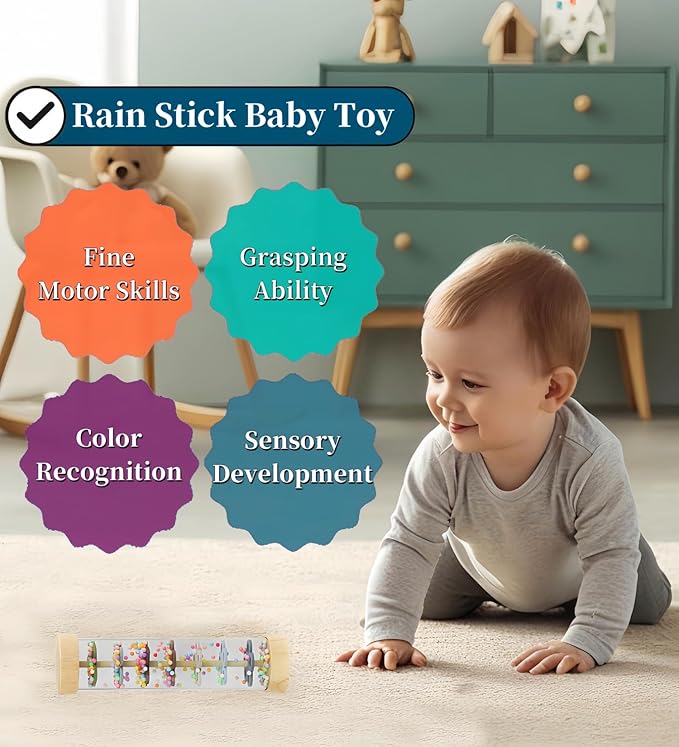 Oneshow Wooden Rain Stick Montessori Toys for Babies 6-12 Months, Rain Sticks for Kids, Baby Rattle Sensory Toy with Calming Rain Sounds, Toddler Educational Gifts for 1 Year Old - 6.8"