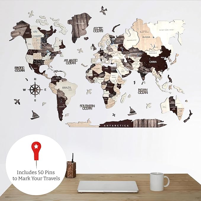 KPSKE 3D Wooden World Map for Wall - Wall Accent Map with Ocean Names, Boats, Compass and More - Wood Travel Map with 50 Pins (Mocha)