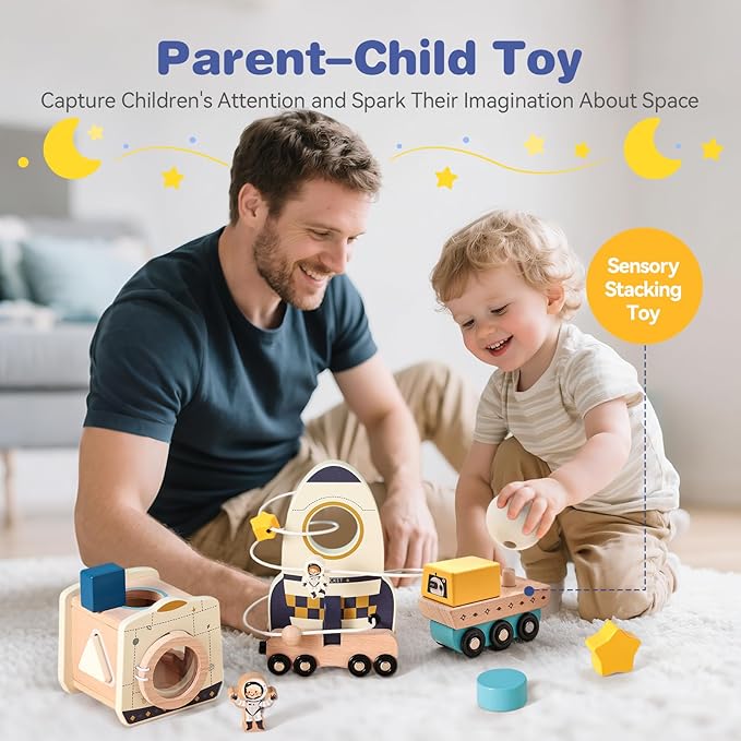 ibwaae Rocket Space Toys, Montessori Toys for 1 2 3 Year Old, Boy and Girl Baptism Birthday Gift, Baby Toys with Shape Sorter Stacking