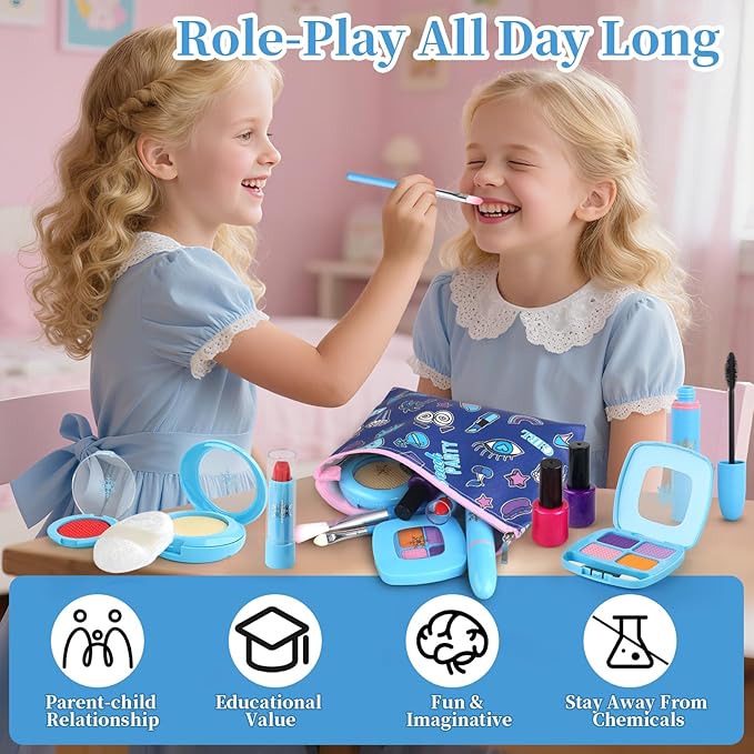 Toddler Girls Toys Pretend Makeup Kits - Fake Makeup Set for Kids 3 4 5 6 Year Old , Play Makeup Gift for Little Girls 3-5, Toddler Kit with Fake Make up Toy Birthday Gift (Blue)