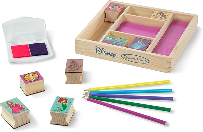 Melissa & Doug Disney Princess Wooden Stamp Set: 9 Stamps, 5 Colored Pencils, and 2-Color Stamp Pad Disney Princess Coloring, Stamps with Washable Ink, for Kids Ages 4+