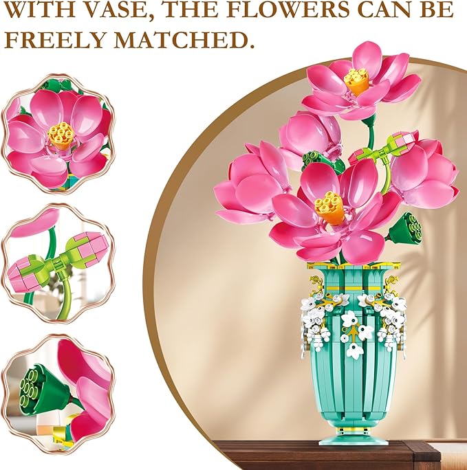 Flower Bouquet Building Set with Vase - 711 PCS Artificial Flower Building Block Toy, Fake Indoor Flower for Home Office Decor Table Display, Christmas Anniversary Birthday Gifts for Adults Women