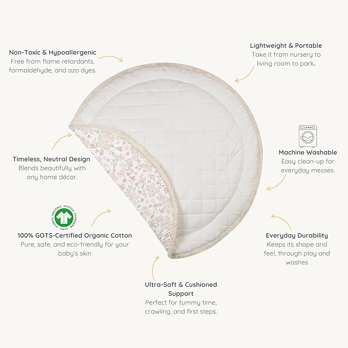 MakeMake Organics Organic Play Mat GOTS Certified Organic Cotton Nursery Floor Rug Washable Reversible Non Toxic Activity Mat Tummy Time Crawling Pad Thick Quilted (Round 48", Blossom)