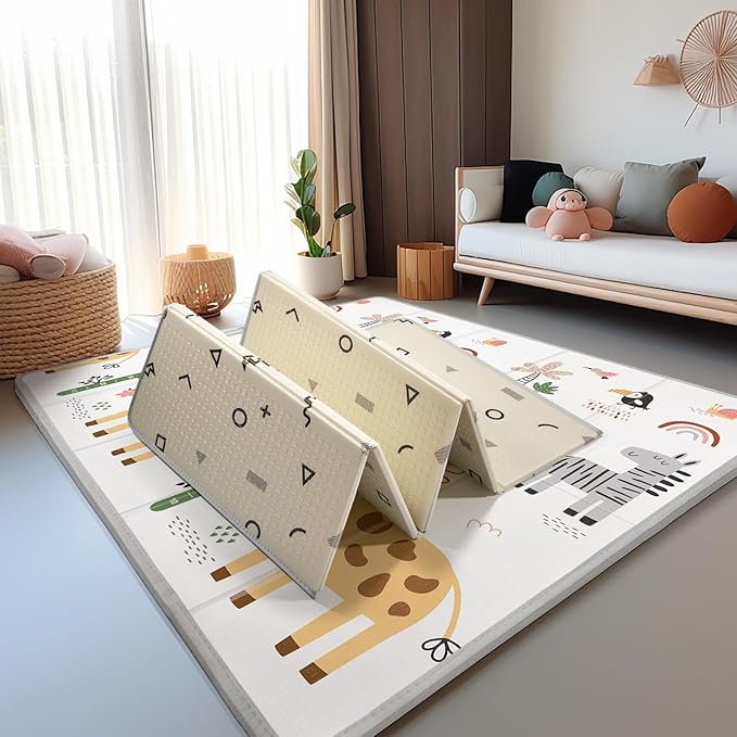 XL Baby Play Mat for Floor, PIGLOG 79" x 71" Foam Play Mat, Foldable Playmat for Playyards, Waterproof Anti-Slip Floor Playing Mats for Babies, Toddlers, Infants, Reversible Baby Crawling Mat, Giraffe