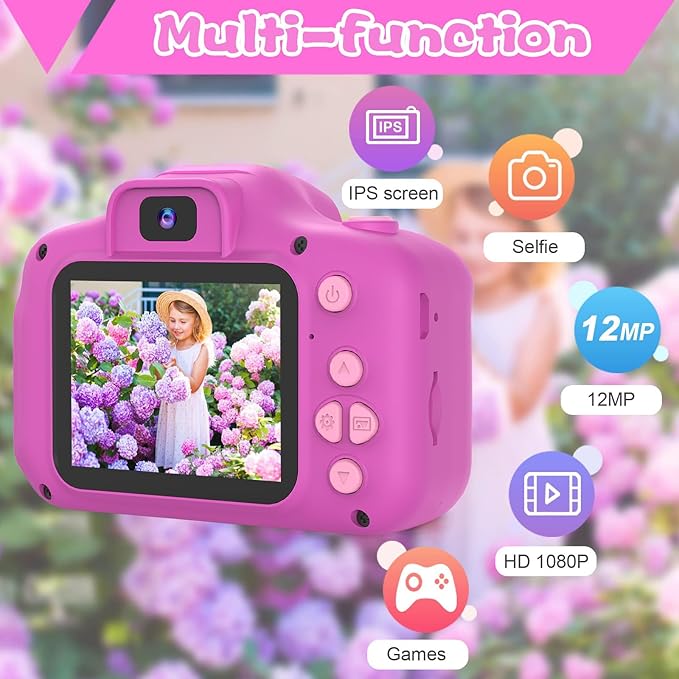 PROGRACE Kids Camera for Girls and Boys Ages 3-12, Toddler Digital Camera with IPS HD Screen, 1080P HD Video, 32GB SD Card, Perfect Birthday Purple