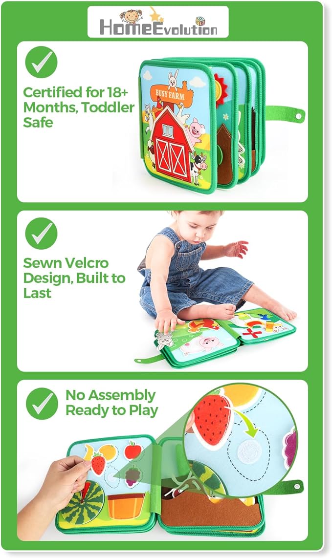 HomeEvolution Farm Busy Book for Toddlers 1-3, Montessori Busy Board for 1 Year Old, Airplane Toys for Toddlers 1-3, Car and Road Trip Travel Toy, Quiet Educational Activity Book, Fine Motor Skills