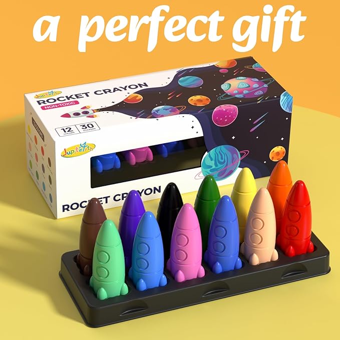 12 Colors Crayons for Toddlers, Non-Toxic Washable Rocket Crayons, Easy-to-Hold Coloring Gifts & Mess-Free Art Supplies for Little Hands