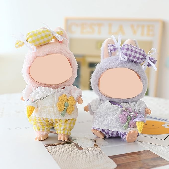 Clothes for Labubu Doll,Clothes for Dolls Accessories,Four-Leaf Clover Candy Summer Replacement Outfit Set 5 Pieces Suitable for Labubu 15&17cm,Adorable Dress-Up Accessories for Doll (Yellow)