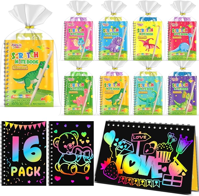 Kids Scratch Art Party Favors Gifts: 16 Pack Dinosaur Scratch Notebook Paper Birthday Party Favor Toy Girls Boys Art Craft Kit Summer Classroom Goodie Bags Return Gifts for Birthday Party Favors Bulk
