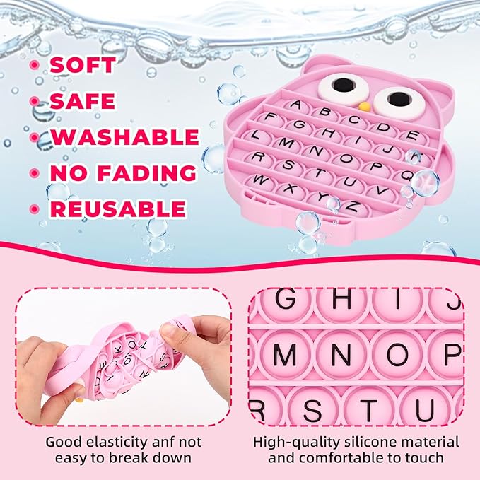 Fidget Toys for Kids, Owl Shaped Silicone Squeeze Sensory Toys, Alphabet Bubble Stress Anxiety Relief Relax Tools for Kids Adults School Classroom Gift Party Favors (Pink)