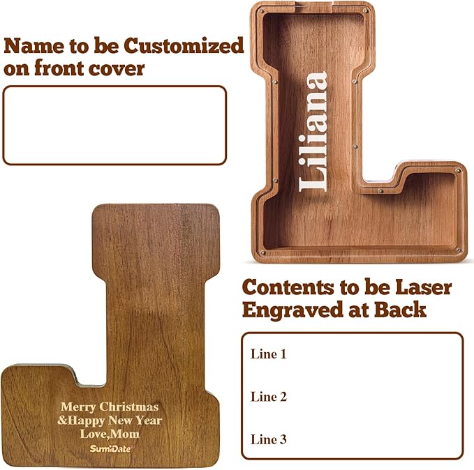 Summidate Customized Name Extra Large Wooden Piggy Bank for Kids Boys Girls Alphabets Letter A-Z Coins Bills Money Change Saving Box Clear Cover (Laser Engraved) Educational Toys 12"- Letter L