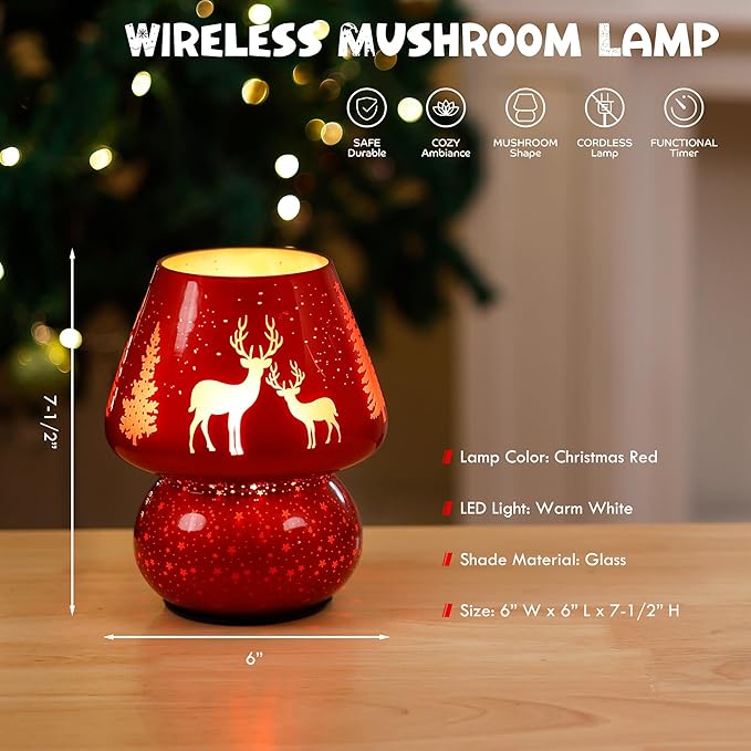 Christmas Battery Operated Mushroom Lamp - Vintage Small Table Lamp with Timer, Cordless Bedside Nightstand Lamp, Glass Battery Powered Lamp for Bedroom Kitchen Living Room Decor Aesthetic