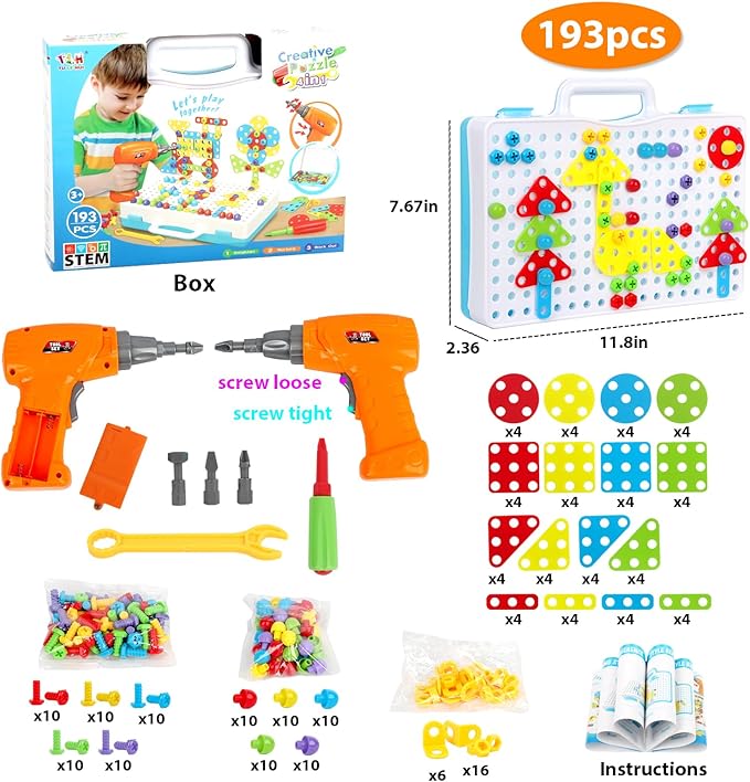 STEM Design and Drill Toy for Kids Ages 3-8, 193 Pcs Electric Drill Toy,Creative Building Toys,Magic Montessori Play Toolbox for Toddler Boys Girls Preschool,STEM Toys for 3 4 5 6 7 8 Year old
