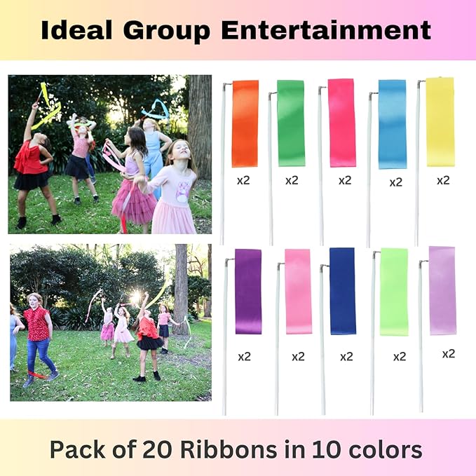 Ribbon Dancing Wands 10pcs Pack, Party Favor for Girls Birthday Favor Bags, Indoor Outdoor Kids Party Games, Gymnastic Party Gifts (Mixed Color with White handle, 10pcs Set)