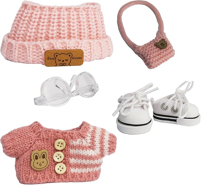 Cloth for 15cm ＆ 17cm Doll,5-Piece Handcrafted Crochet Clothes Outfit(NO Doll) - Light Pink Clothes + Light Pink Bear-Shaped Velvet hat + Glasses + Shoulder Bag + White Canvas Shoes