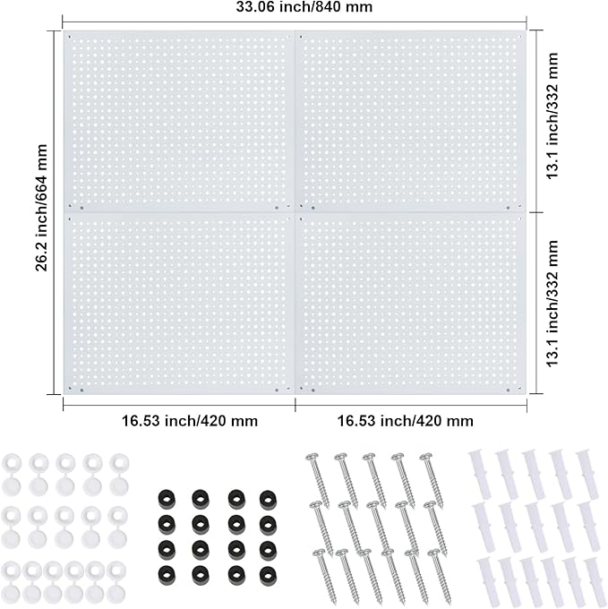 Peg Board, Heavy Duty Steel Organization Panels, Universal 1/8 and 1/4 Peg Board Accessories, Ideal for Garage Tool Storage, Pack of 4(White, 16X12)
