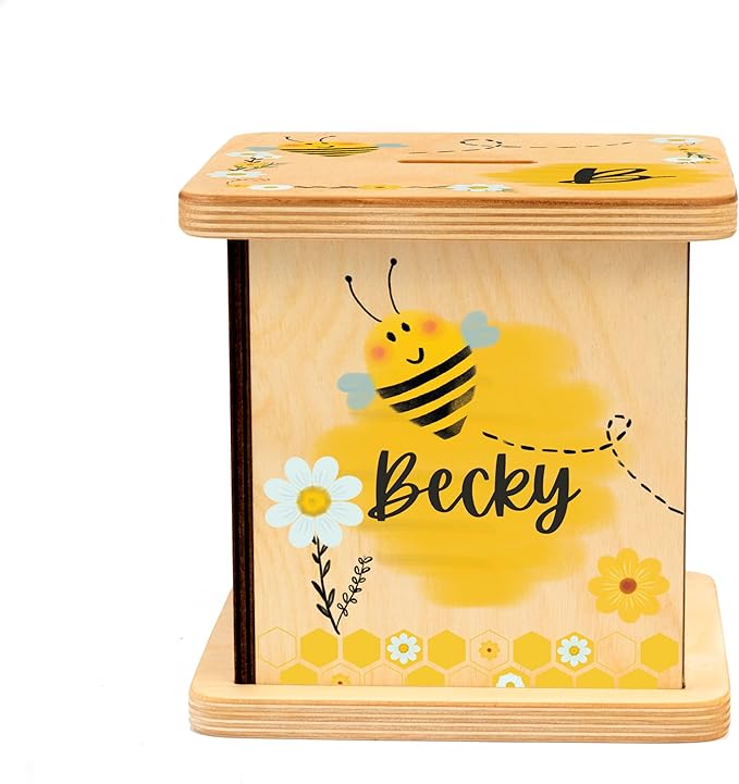 Wooden Piggy Bank for Kids and Adults, Personalized Gift Handmade in USA by BloomOwl, Custom Piggy Bank, Personalized Banks for Kids, Gifts for Baby Boys and Girls (Bee)
