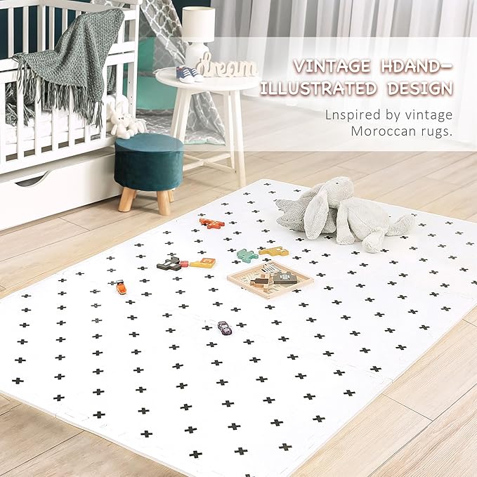 TCBunny Extra Large Baby Foam Play Mat - 4FT x 6FT Non-Toxic Puzzle Floor Mat for Kids & Toddlers (White with Black Cross)