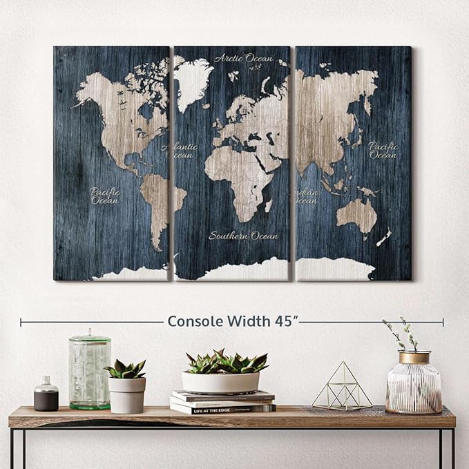 ElephantStock Aged Blue World Map I Canvas - 3 Panel Wall Decor - World Map Digital Art - Blue Wall Art - 38" X 24"