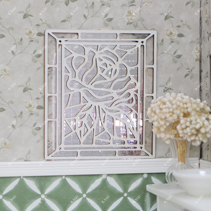 iLAND 1/12 Scale Accessories of Dollhouse Windows, Wooden DIY Dollhouse Building Supplies, Complete Miniature Windows Kit w/Wooden Frame & Grid Pattern PVC Film
