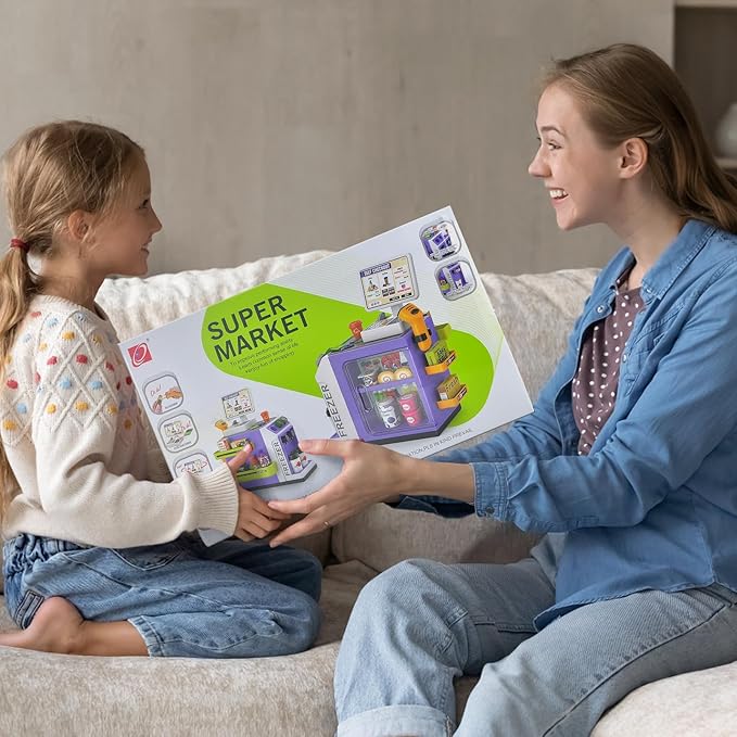 Pretend Play Cash Register Toy Set with Scanner, Play Money, Calculator, Coffee Machine and Play Food for Kids Ages 3+ (Purple)