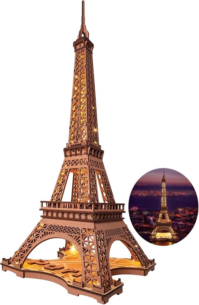 ROBOTIME 3D Puzzle for Adults DIY Model Building Kit with LED Light Wooden Eiffel Tower Craft Kit Architecture Toy Set Brain Teaser Gifts for Friend