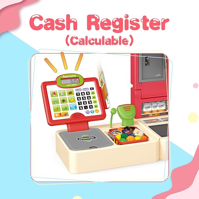 RedCrab Cash Register Toy for Kids,Toddler Store Pretend Plays Supermarket Calculator Cash Register Gift with Scanner, Play Money, Play Food for Boys & Girls