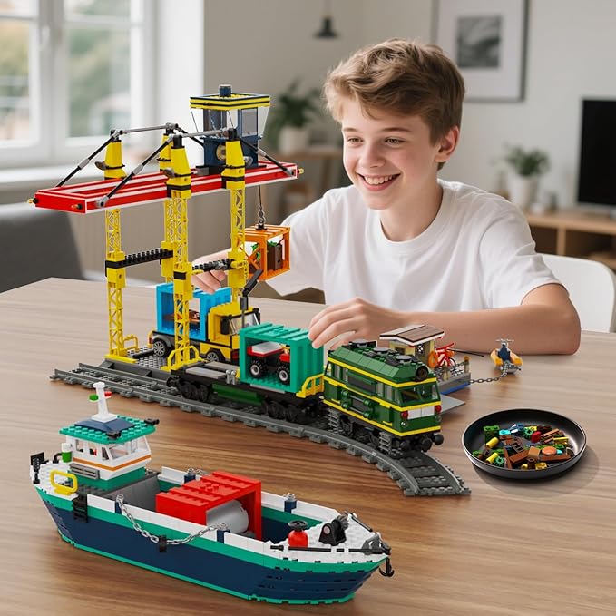 HOGOKIDS City Wharf Building Set with Crane - Includes Ship Train Truck, 4 Containers with Cargo Harbor Building Blocks | Large Construction Toy for for Adults Teens Kids Girls Boys 6-14+（1373PCS）