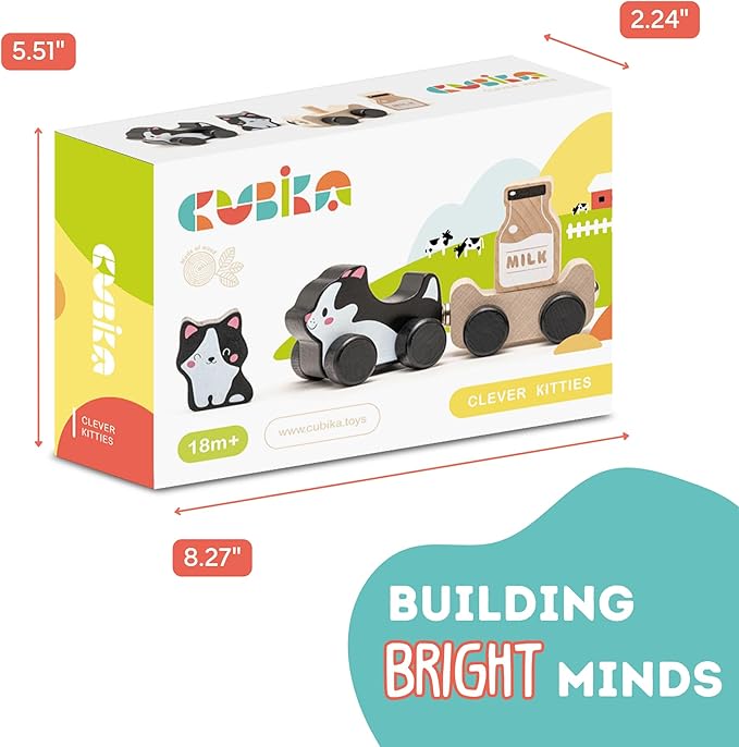 Cubika Wooden Clever Kitties Train Toy – Magnetic Cat-Themed Wood Toy Playset for Toddlers 18 Months+ – Montessori Toy for Fine Motor Skills and Imaginative Play