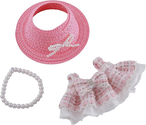 3PCS Pink Doll Outfit Set – Pink Dress, Straw Hat & Flower Necklace – 17cm Doll Clothes and Accessories – Clothes Set for Plush Figures – Only Accessories