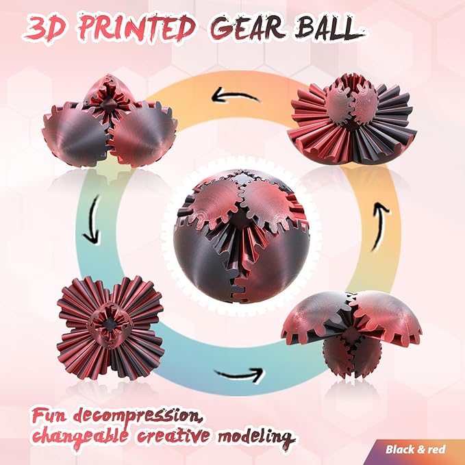 Gear Ball-3D Printed Gear Sphere,3D Printed Spin Ball Cube Fidget Toy,The Steampunk Whirling Wonder Fidget Ball Toy (Black Red)